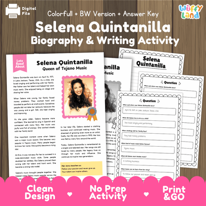 Digital printable activity sheet set for 'Selena Quintanilla Biography & Writing Activity' with a colorful header, preview pages showing text and writing prompts, and a pink banner at the bottom reading 'Clean Design', 'No Prep Activity', and 'Print & GO'.
