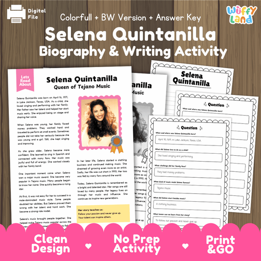Digital printable activity sheet set for 'Selena Quintanilla Biography & Writing Activity' with a colorful header, preview pages showing text and writing prompts, and a pink banner at the bottom reading 'Clean Design', 'No Prep Activity', and 'Print & GO'.