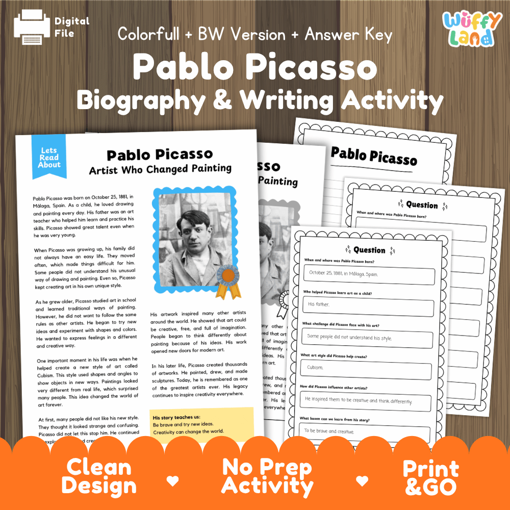 Pablo Picasso Biography Reading Passage and Writing Activity Worksheets