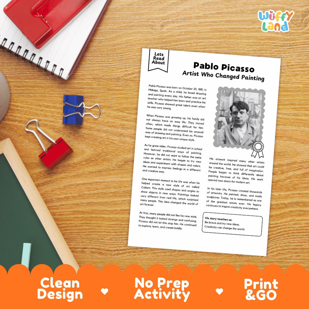A printed educational activity sheet titled 'Pablo Picasso - Artist Who Changed Painting' laid on a wooden desk with a spiral notebook, binder clips, and a pen visible around it. The sheet includes a photo of Pablo Picasso and text blocks.