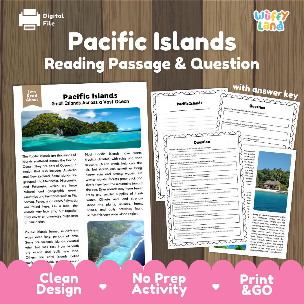 Pacific Islands reading comprehension passage and questions printable activity pack with answer key for elementary students