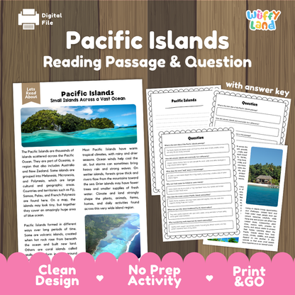 Pacific Islands reading comprehension passage and questions printable activity pack with answer key for elementary students
