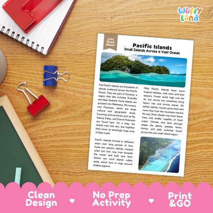 Student reading comprehension worksheet with short-answer questions and lined sections about the Pacific Islands