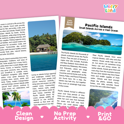 Teacher answer key page showing complete question solutions for Pacific Islands geography social studies reading comprehension practice