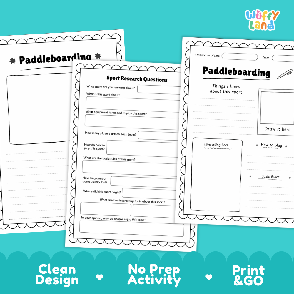 Three printable worksheet pages for 'Paddleboarding' activity sheets displayed on a bright teal background with marketing text at the bottom. The sheets are white with black outlines and text, featuring sections for research questions, notes, and a basic rules box.