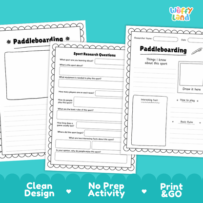 Three printable worksheet pages for 'Paddleboarding' activity sheets displayed on a bright teal background with marketing text at the bottom. The sheets are white with black outlines and text, featuring sections for research questions, notes, and a basic rules box.