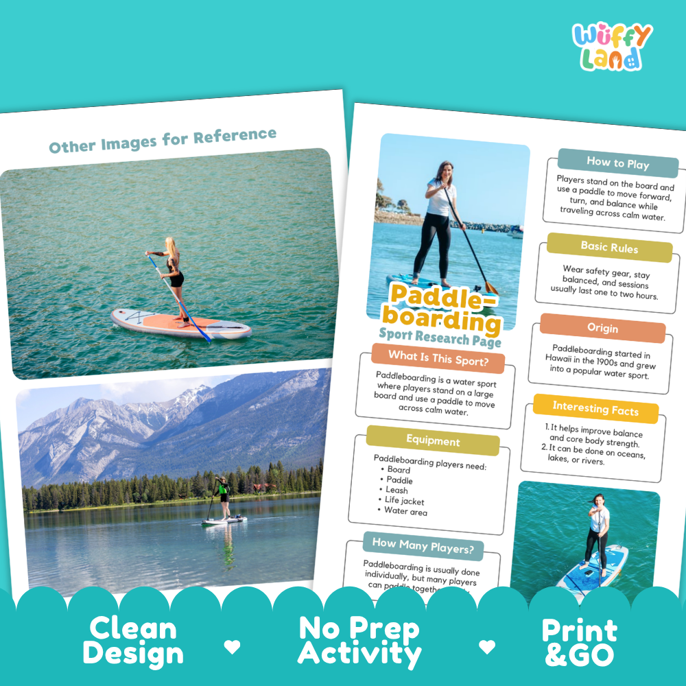 Two printed informational posters about paddleboarding are shown on a teal background. The left poster reads 'Other Images for Reference' with a lake scene, and the right poster is titled 'Paddle-boarding Sport Research Kit' with sections on how to play, basic rules, origin, equipment, and interesting facts.