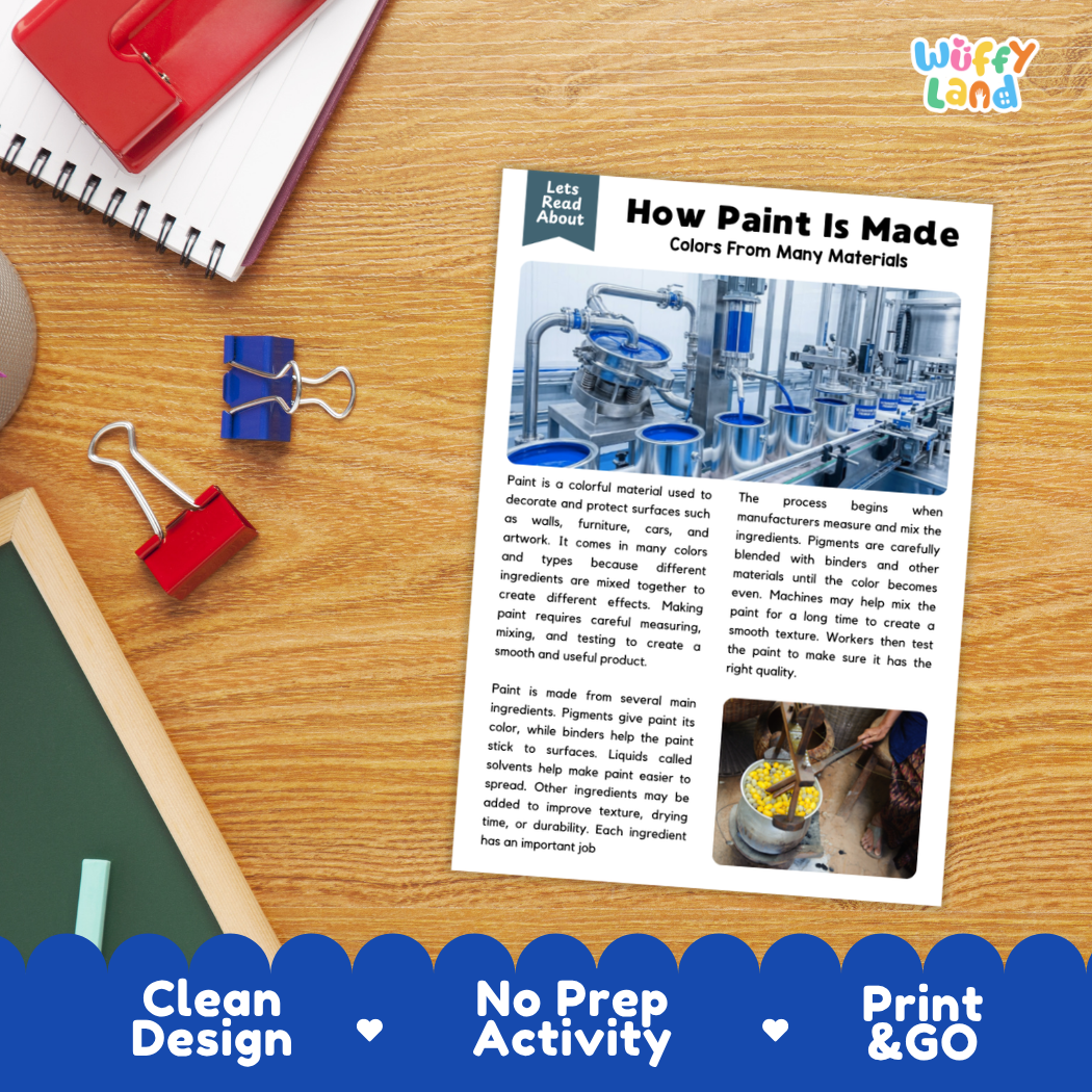Printable student worksheet with short-answer reading comprehension questions covering paint manufacturing and chemistry