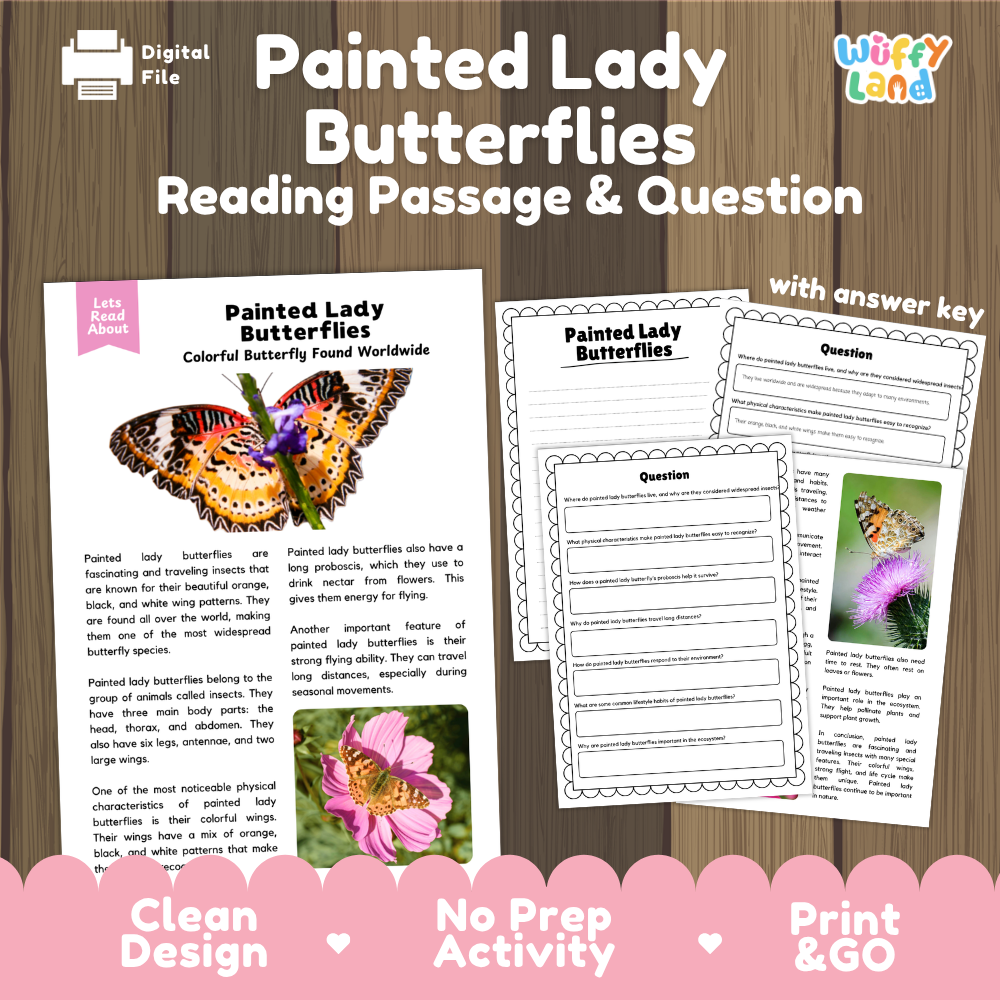 Painted Lady Butterflies Reading Passage and Comprehension Questions Worksheets
