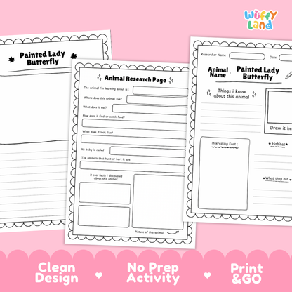 Painted Lady Butterfly Animal Research Page Worksheets