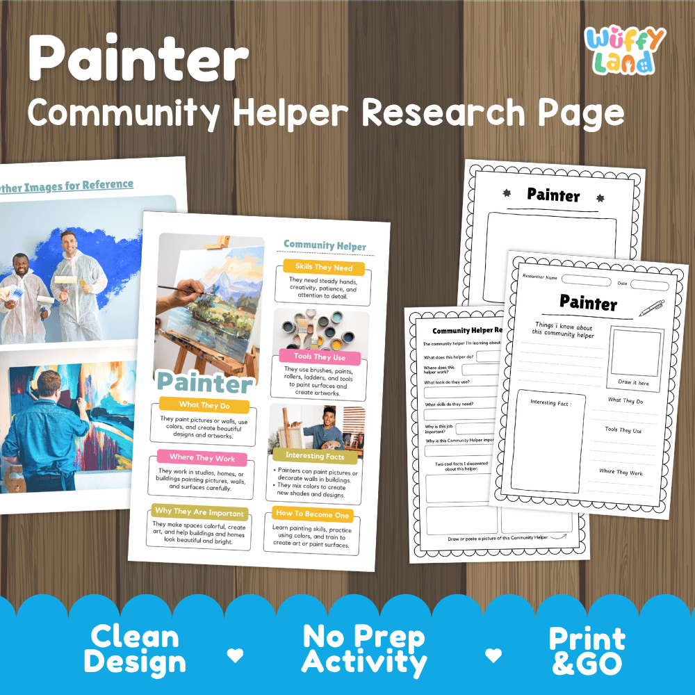 Painter community helper research page writing worksheets pack featuring real photos and student activity pages for elementary social studies and visual arts