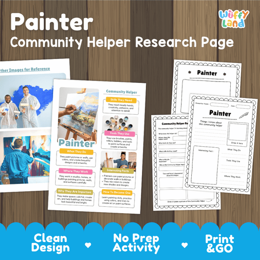 Painter community helper research page writing worksheets pack featuring real photos and student activity pages for elementary social studies and visual arts