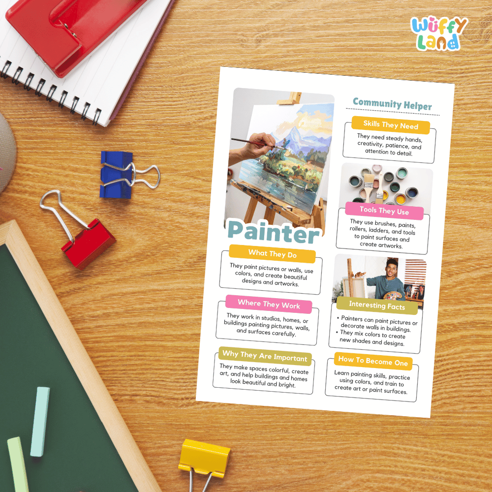 Guided student writing worksheets with lined sections for recording facts and a dedicated box for drawing or pasting a picture of a painter