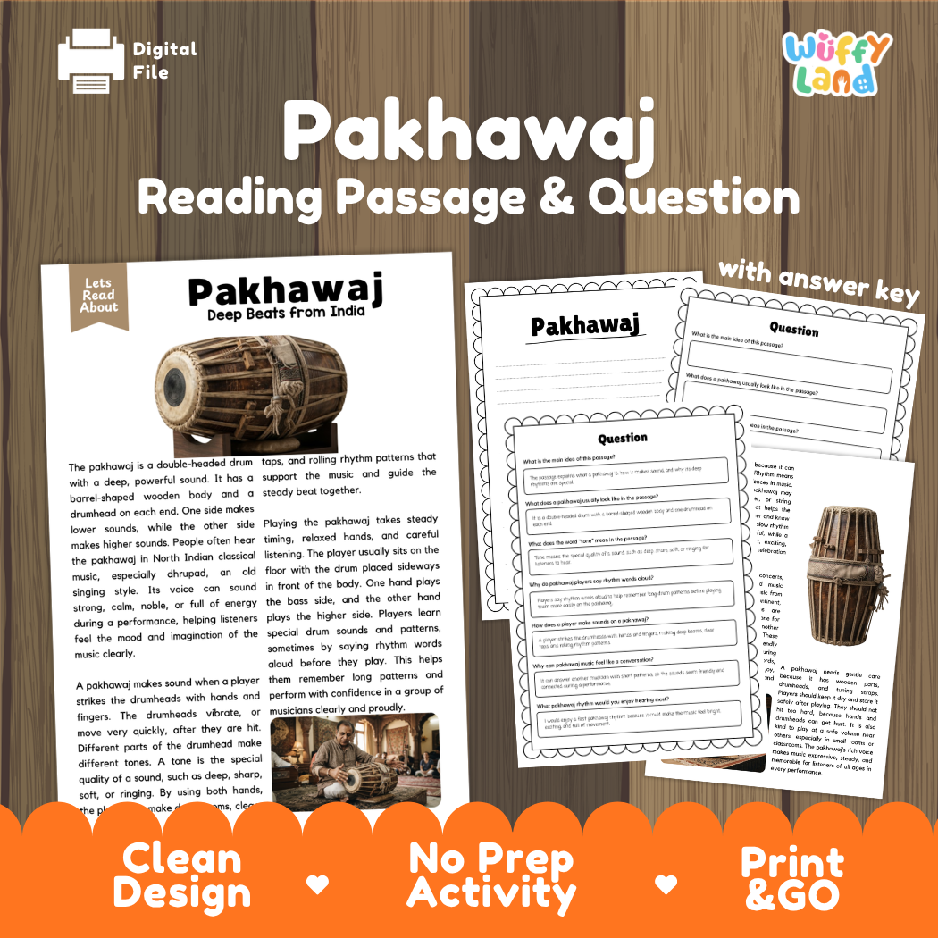 Pakhawaj reading comprehension passage and questions printable activity pack with answer key for elementary students