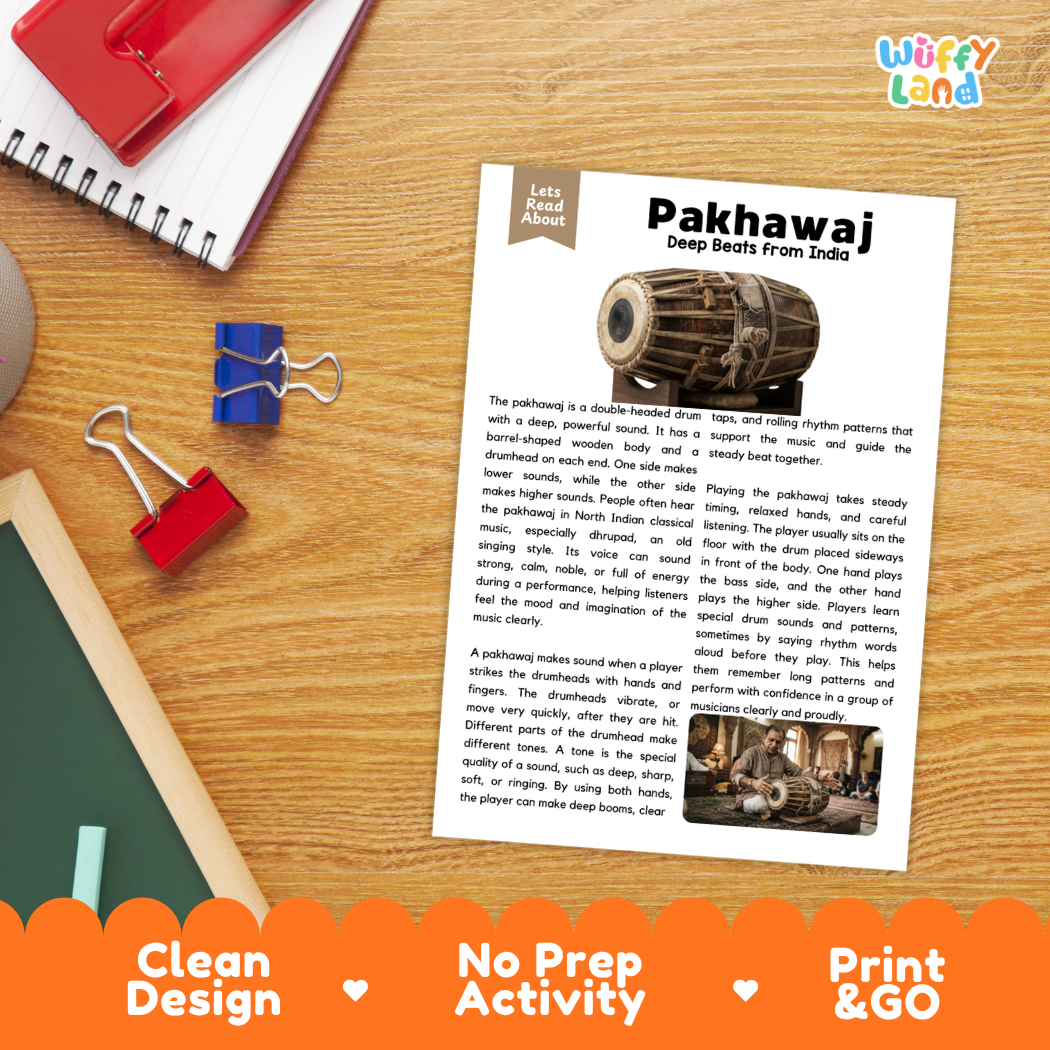 Student reading comprehension worksheet with short-answer questions and lined sections about the pakhawaj instrument