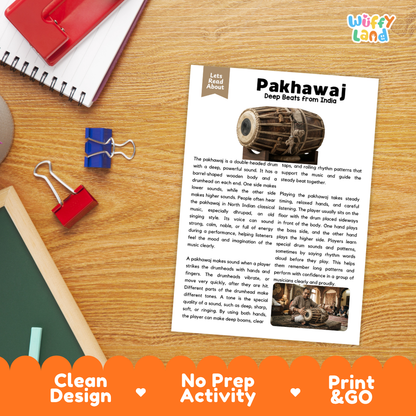 Student reading comprehension worksheet with short-answer questions and lined sections about the pakhawaj instrument