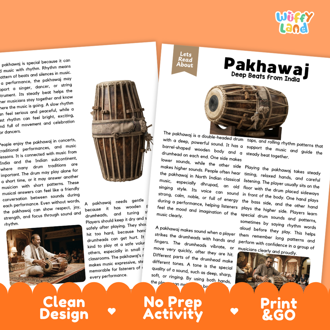 Teacher answer key page showing complete question solutions for Pakhawaj music education reading comprehension practice