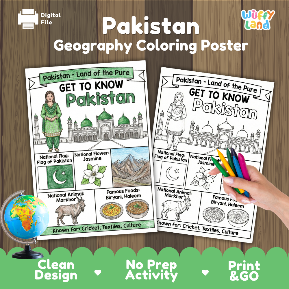 Get to know Pakistan coloring poster paired with photo flashcards of Badshahi Mosque, Faisal Mosque, Hunza Valley, and Chapli Kebab
