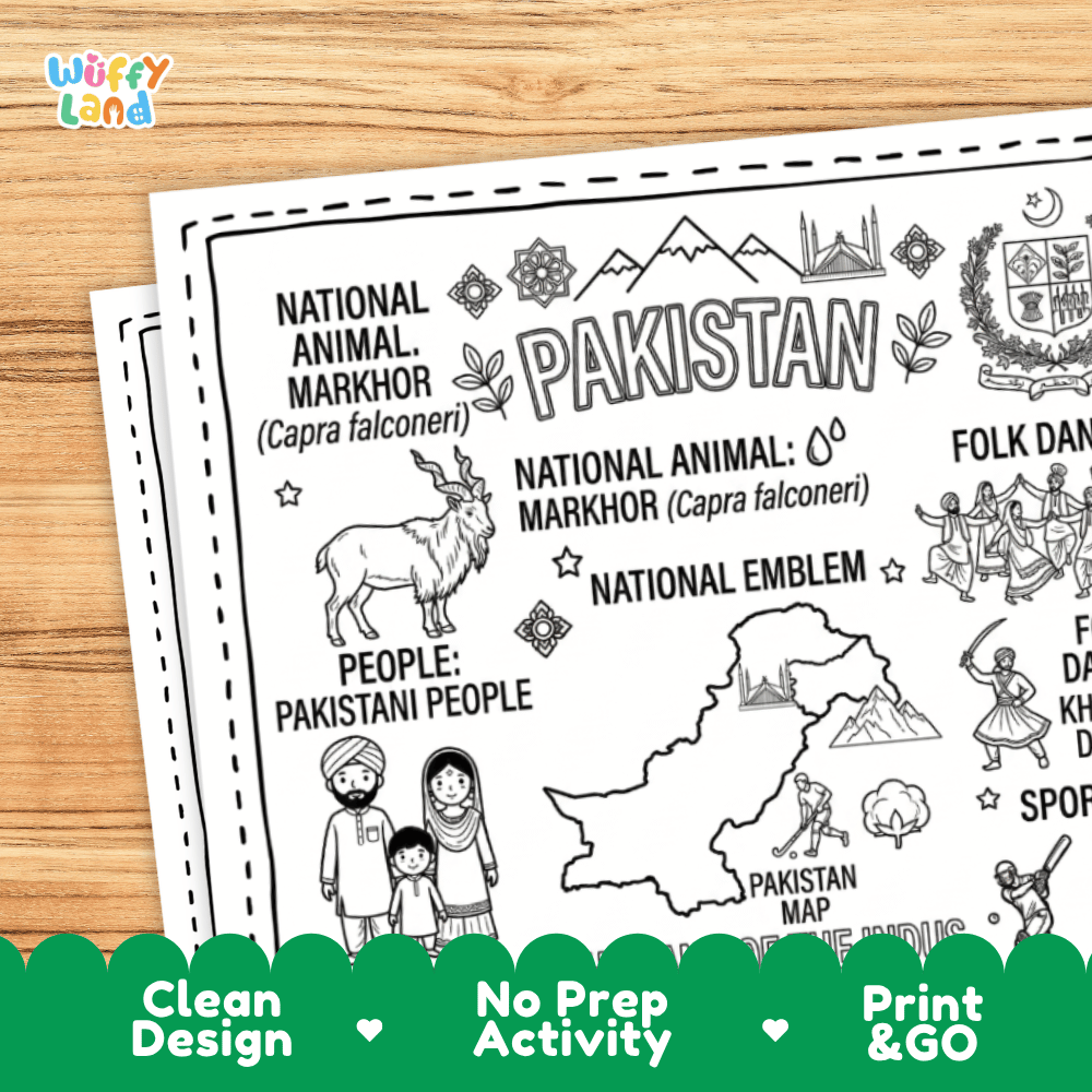 Cultural coloring page featuring traditional Pakistani Shalwar Kameez dress, Khattak dance, Multani blue pottery, and Ajrak textile