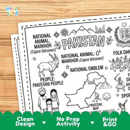 Cultural coloring page featuring traditional Pakistani Shalwar Kameez dress, Khattak dance, Multani blue pottery, and Ajrak textile