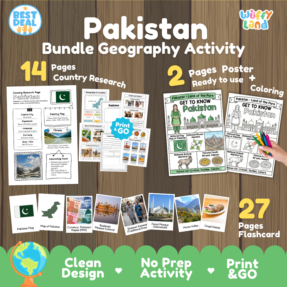 Pakistan geography activity bundle cover showing 14 country research pages, 2 ready to use coloring posters, and 27 photo flashcards