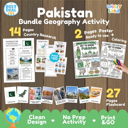 Pakistan geography activity bundle cover showing 14 country research pages, 2 ready to use coloring posters, and 27 photo flashcards