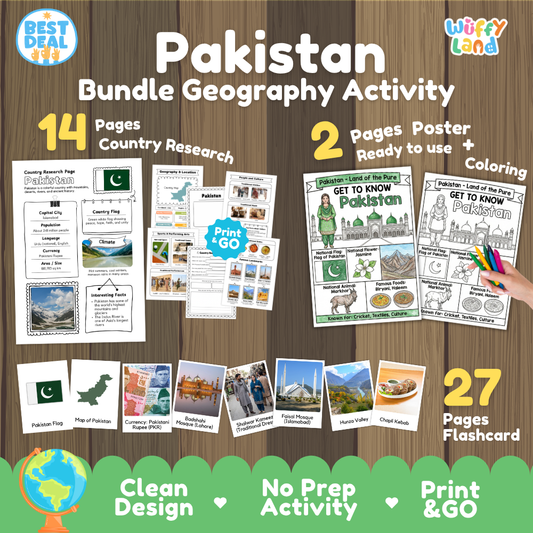 Pakistan geography activity bundle cover showing 14 country research pages, 2 ready to use coloring posters, and 27 photo flashcards