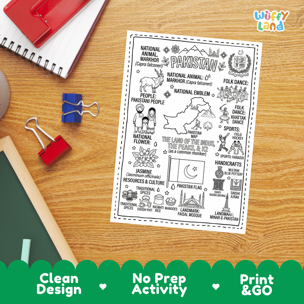 Doodle map coloring sheet showing Pakistan, K2 mountain peak, Faisal Mosque, and Minar-e-Pakistan monument