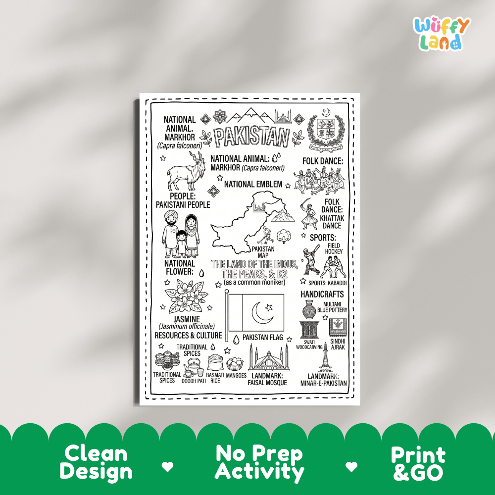 Educational activity coloring page highlighting Pakistan Markhor Capra falconeri, Jasmine flower Jasminum officinale, and national flag