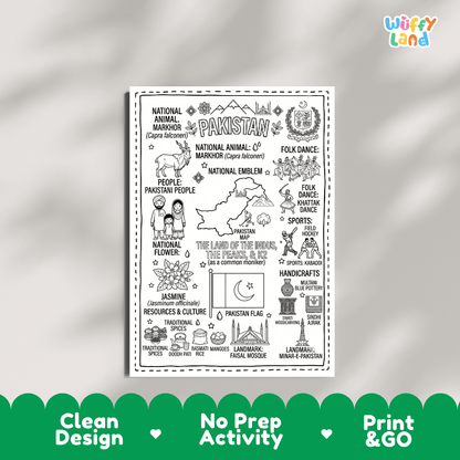 Educational activity coloring page highlighting Pakistan Markhor Capra falconeri, Jasmine flower Jasminum officinale, and national flag