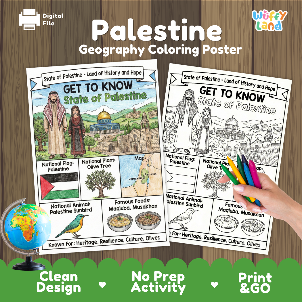 Get to know State of Palestine coloring poster paired with photo flashcards of Al-Aqsa Mosque, Church of the Nativity, and Palestinian dress