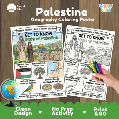 Get to know State of Palestine coloring poster paired with photo flashcards of Al-Aqsa Mosque, Church of the Nativity, and Palestinian dress