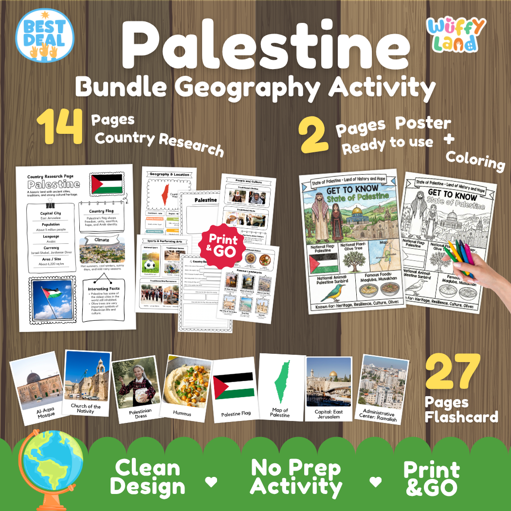 Palestine geography activity bundle cover showing 14 country research pages, 2 ready to use coloring posters, and 27 photo flashcards