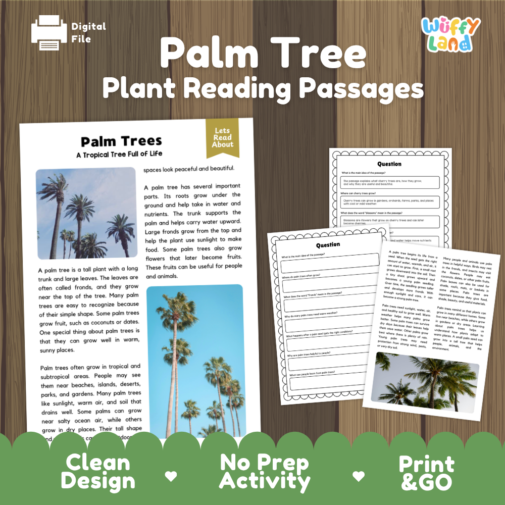Palm Tree Plant Reading Passages Worksheets and Comprehension Activity