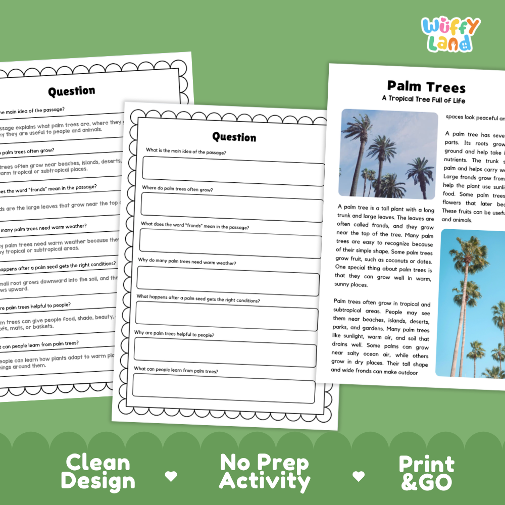 Palm Tree Plant Reading Passages Worksheets and Comprehension Activity