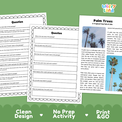 Palm Tree Plant Reading Passages Worksheets and Comprehension Activity