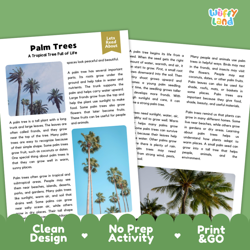 Palm Tree Plant Reading Passages Worksheets and Comprehension Activity