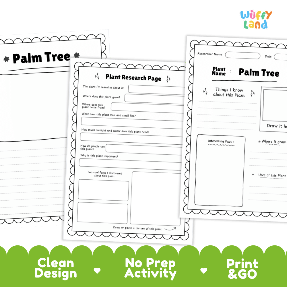 Palm Tree Plant Research Page and Worksheets Print and Go Activity
