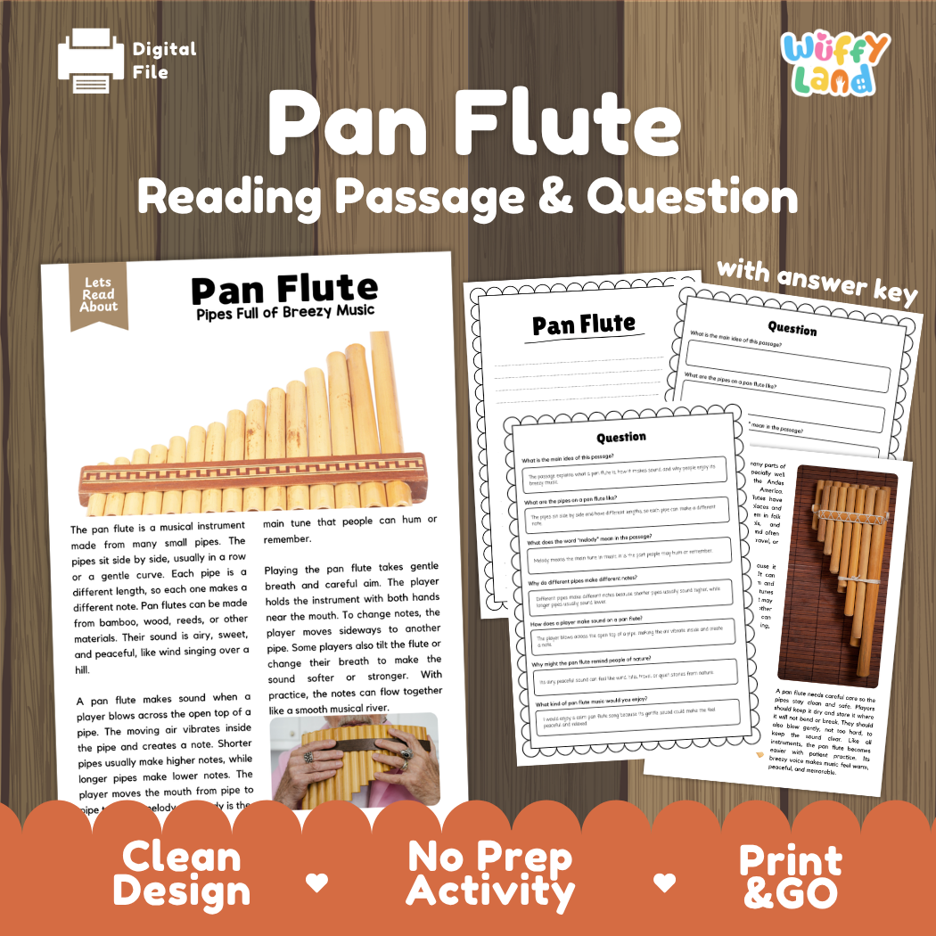 Pan Flute reading comprehension passage and questions printable activity pack with answer key for elementary students