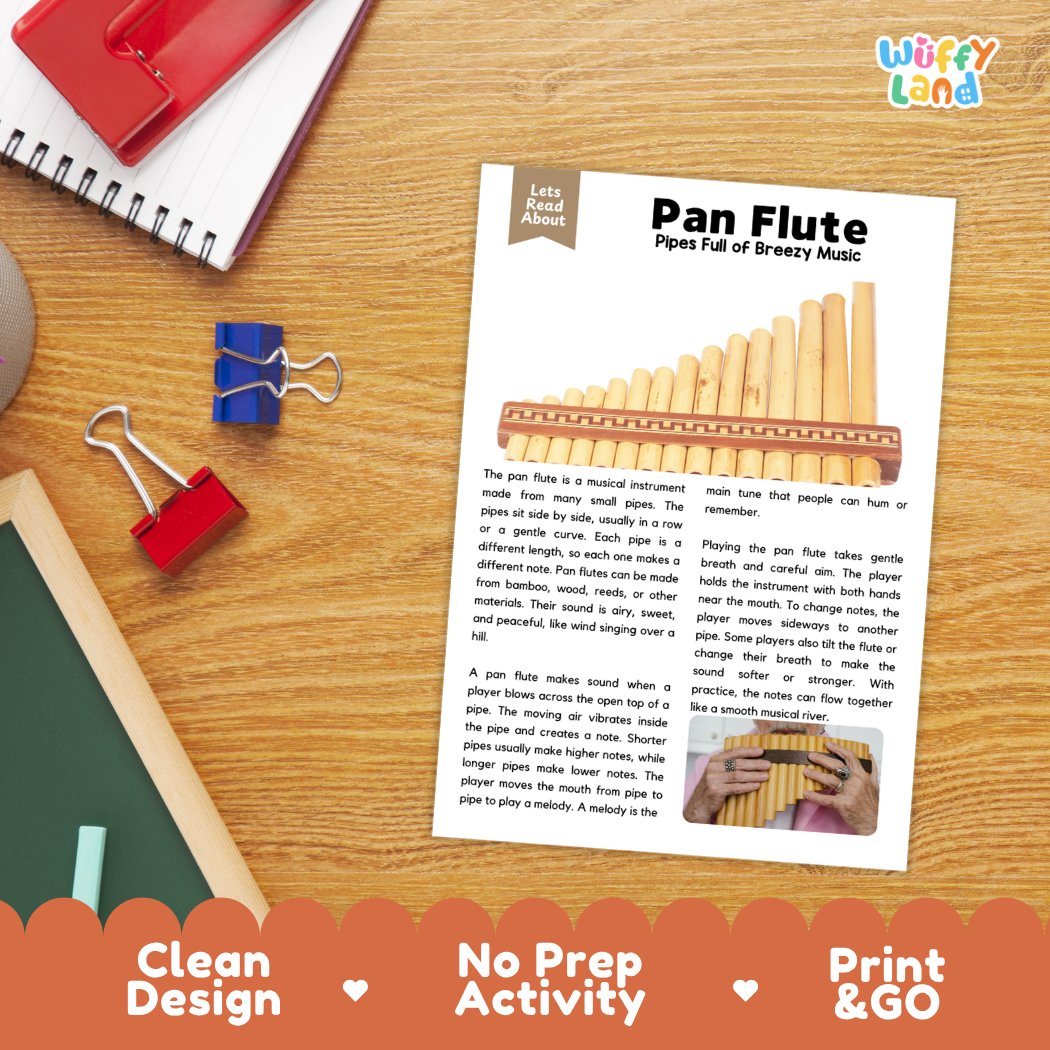 Student reading comprehension worksheet with short-answer questions and lined sections about the pan flute