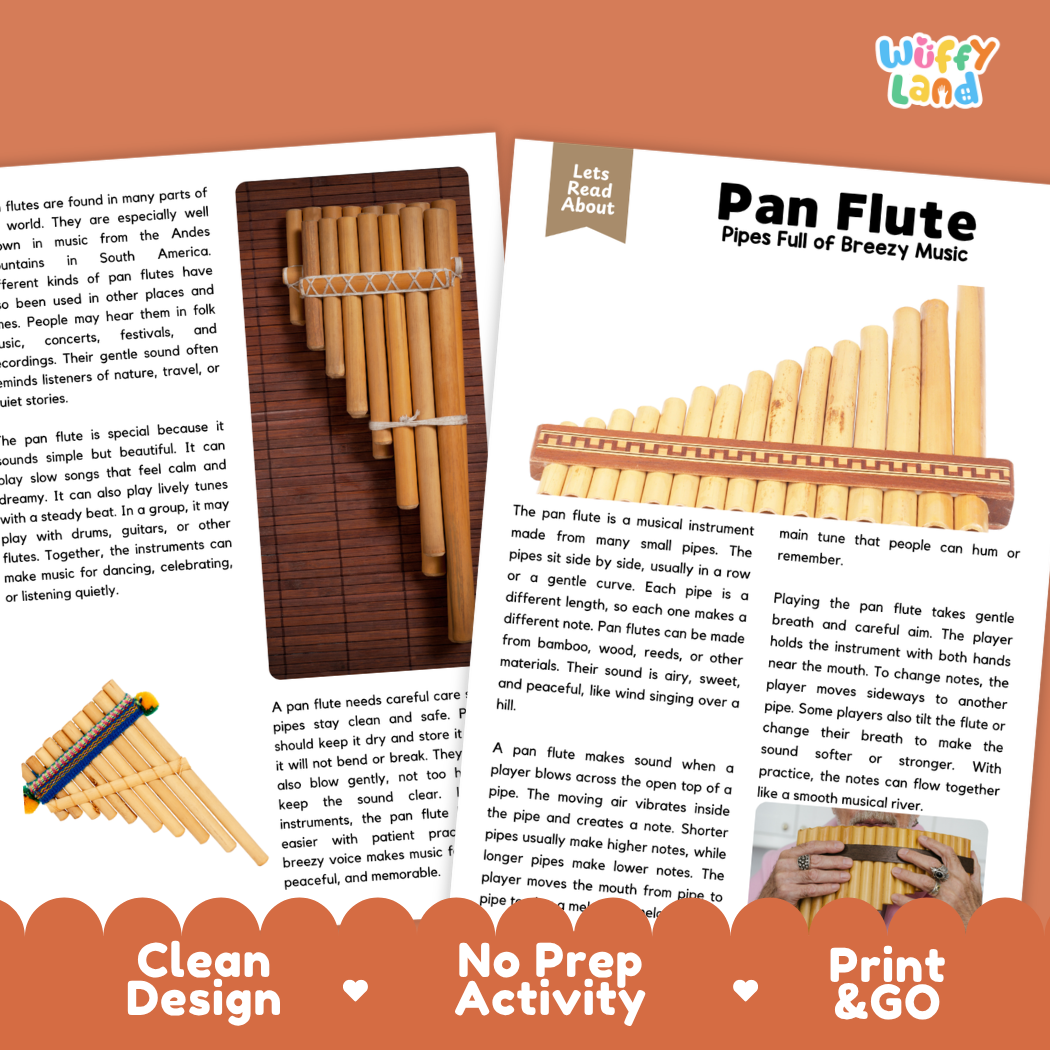 Teacher answer key page showing complete question solutions for Pan Flute music education reading comprehension practice