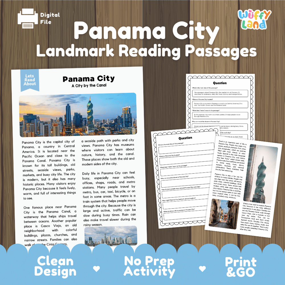 Panama City landmark reading passage and comprehension worksheet educational unit featuring nonfiction text and authentic Panama City skyline photography