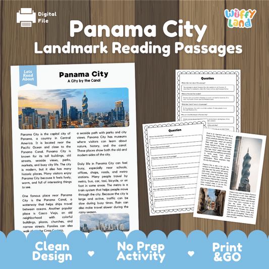 Panama City landmark reading passage and comprehension worksheet educational unit featuring nonfiction text and authentic Panama City skyline photography
