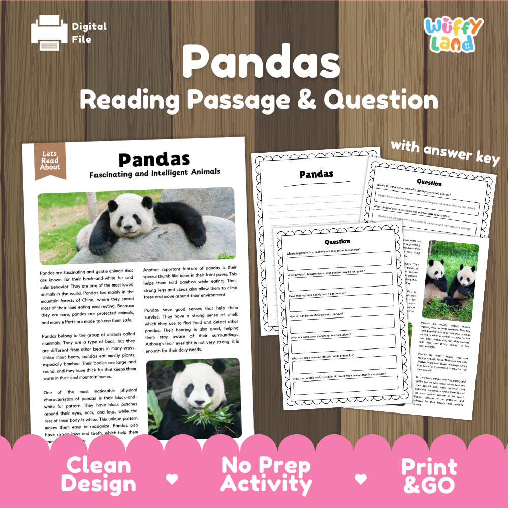 Pandas Reading Passage and Comprehension Questions Worksheets with Answer Key
