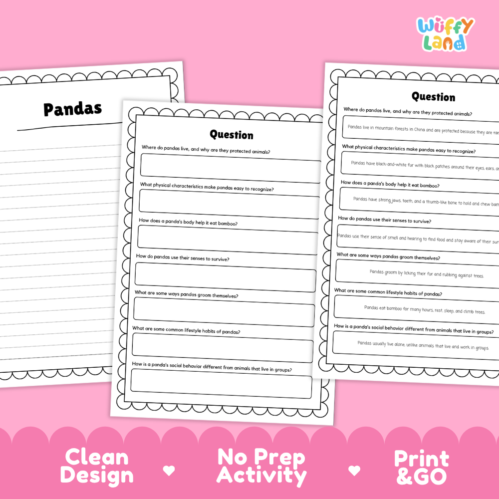 Pandas Reading Passage and Comprehension Questions Worksheets with Answer Key