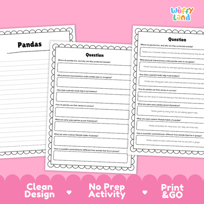 Pandas Reading Passage and Comprehension Questions Worksheets with Answer Key