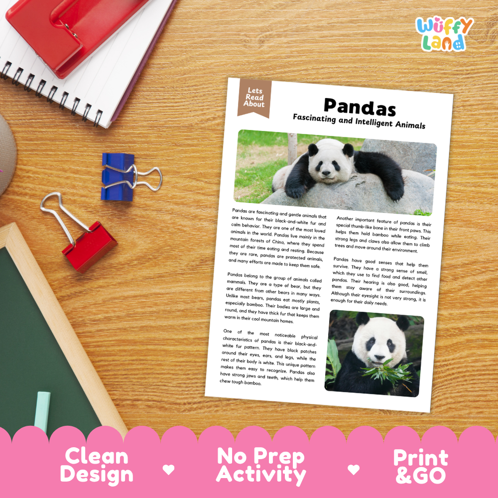 A printed panda educational activity sheet titled 'Pandas Fascinating and Intelligent Animals' laid on a wooden desk, surrounded by school supplies including a spiral notebook, red binder clips, and a pen. The sheet has a clean white layout with text and panda photos.