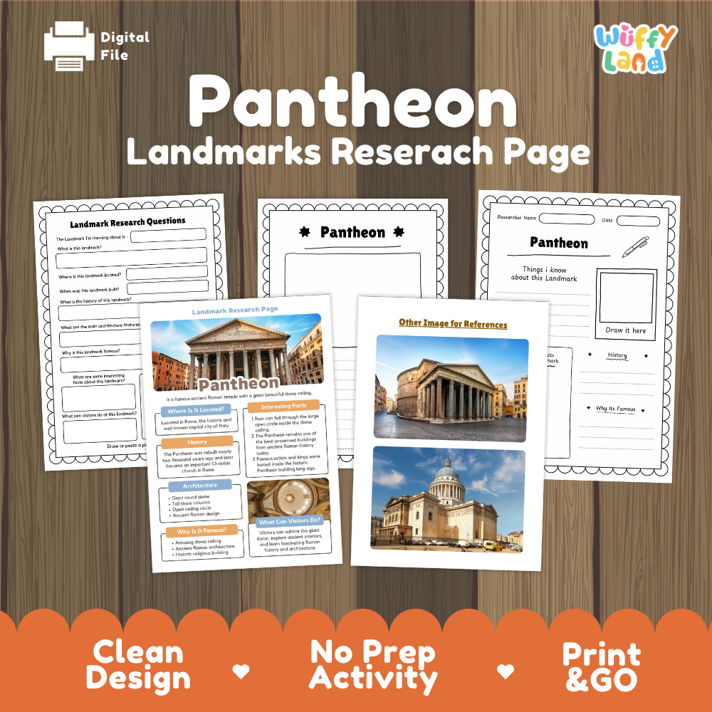 Digital file preview of a 'Pantheon Landmarks Research Page' activity sheet set by Wiffy Land, displayed on a wood-grain background with an orange banner at the bottom highlighting key features.