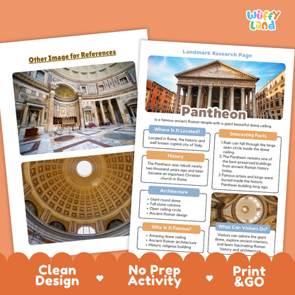 Educational printables for kids featuring a Roman Pantheon landmark research page and a reference image of the dome, presented on a light orange background with 'Wiffy Land' branding.