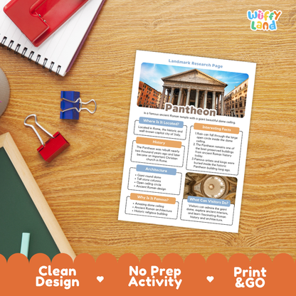 A printed educational activity sheet titled 'Landscape Research Page Pantheon' lies on a wooden desk, surrounded by school supplies including a red notebook, binder clips, a chalkboard, and a pencil. The sheet includes a photo of the Pantheon building and text boxes for research.